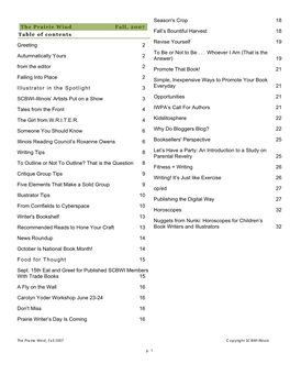 The Prairie Wind Fall, 2007 Fall’S Bountiful Harvest 18 Table of Contents Revise Yourself 19 Greeting 2 to Be Or Not to Be