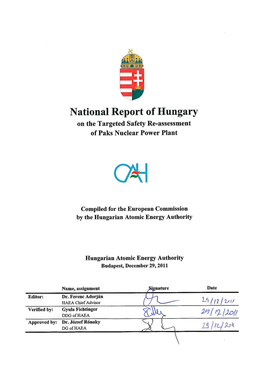 National Report of Hungary on the Targeted Safety Re-Assessment of Paks Nuclear Power Plant
