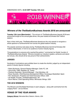 Winners of the Thestadiumbusiness Awards 2018 Are Announced