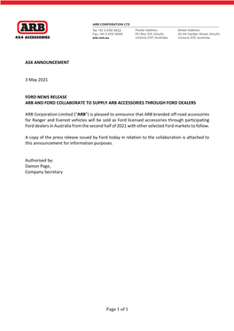 Page 1 of 1 ASX ANNOUNCEMENT 3 May 2021 FORD NEWS RELEASE