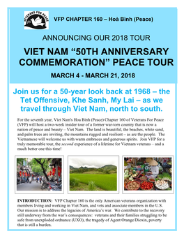 Viet Nam “50Th Anniversary Commemoration” Peace Tour March 4 - March 21, 2018