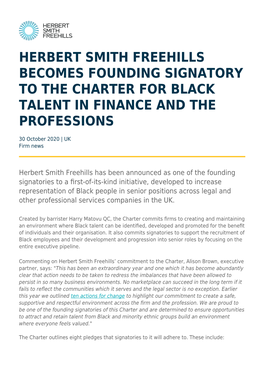Herbert Smith Freehills Becomes Founding Signatory to the Charter for Black Talent in Finance and the Professions