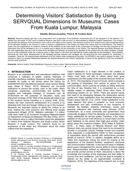 Determining Visitors' Satisfaction by Using SERVQUAL Dimensions in Museums: Cases from Kuala Lumpur, Malaysia