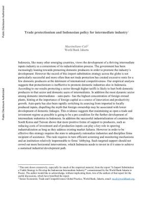 Trade Protectionism and Indonesian Policy for Intermediate Industry1