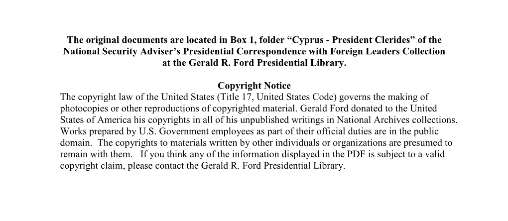 Cyprus - President Clerides” of the National Security Adviser’S Presidential Correspondence with Foreign Leaders Collection at the Gerald R