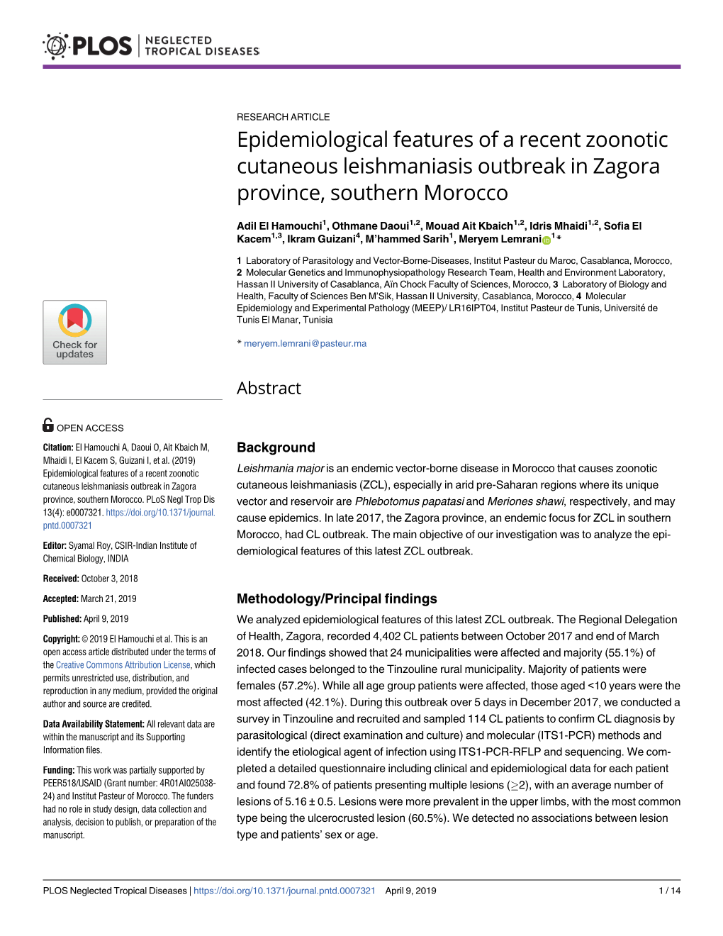 Epidemiological Features of a Recent Zoonotic Cutaneous Leishmaniasis Outbreak in Zagora Province, Southern Morocco