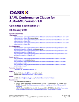 SAML Conformance Clause for AS4/Ebms Version 1.0 Committee Specification 01 30 January 2014