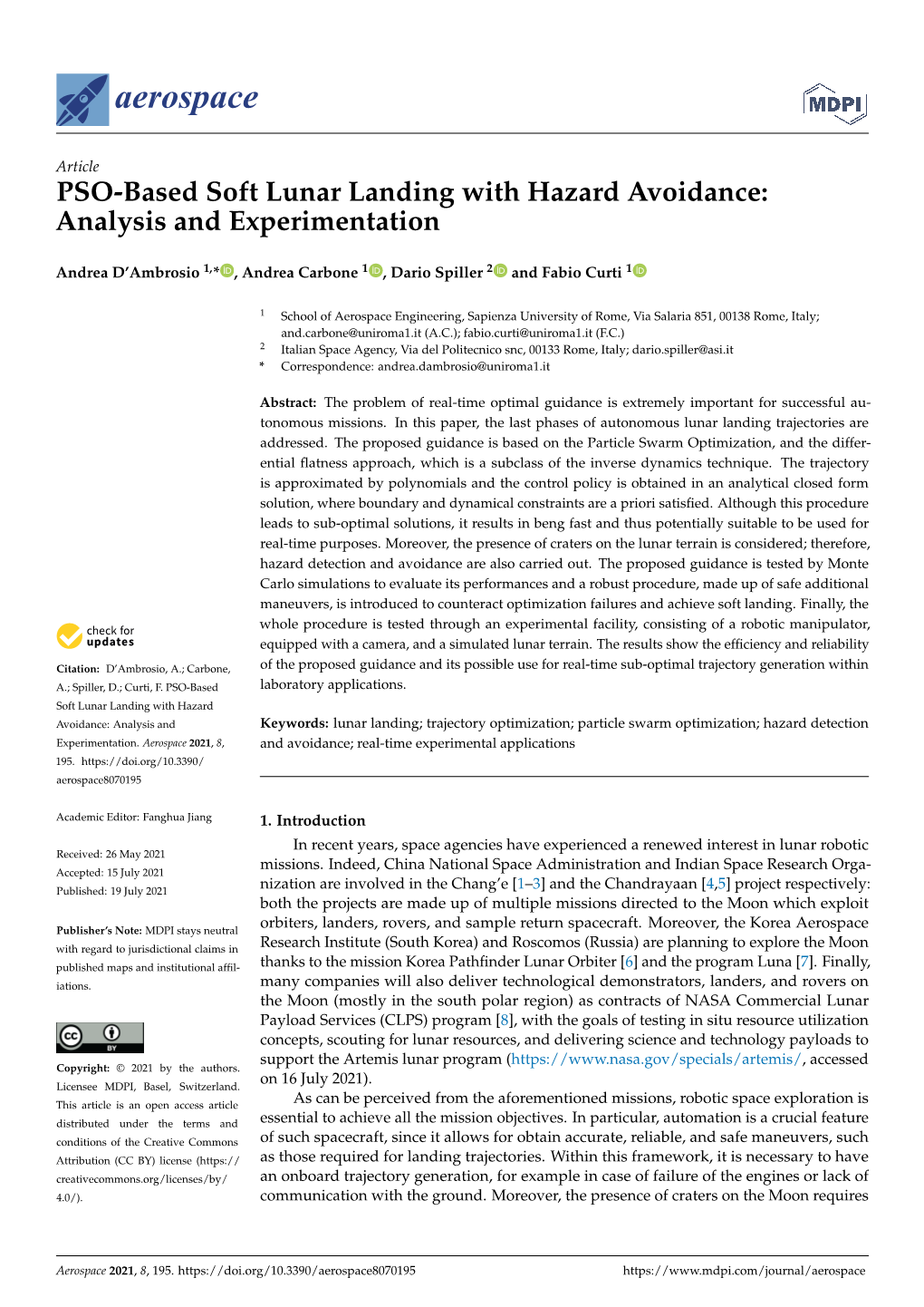 PSO-Based Soft Lunar Landing with Hazard Avoidance: Analysis and Experimentation