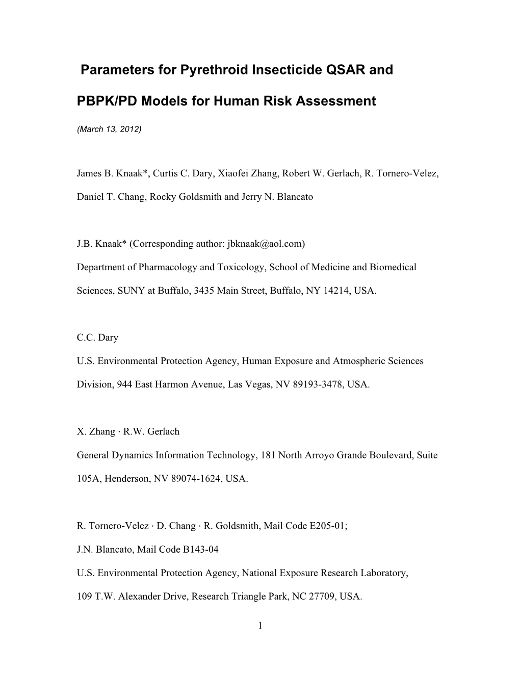 Parameters for Pyrethroid Insecticide QSAR and PBPK/PD Models for Human Risk Assessment