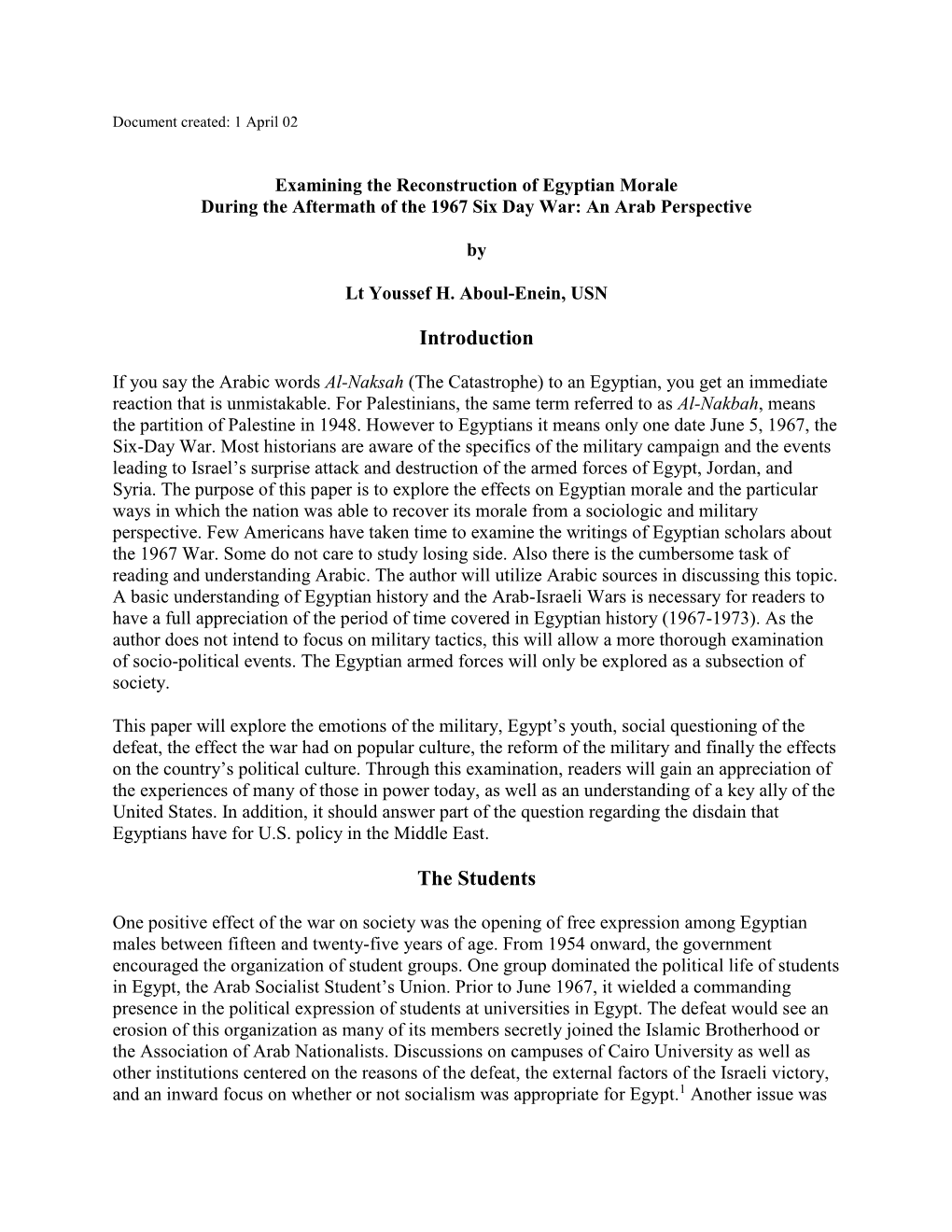 Examining the Reconstruction of Egyptian Morale During the Aftermath of the 1967 Six Day War: an Arab Perspective