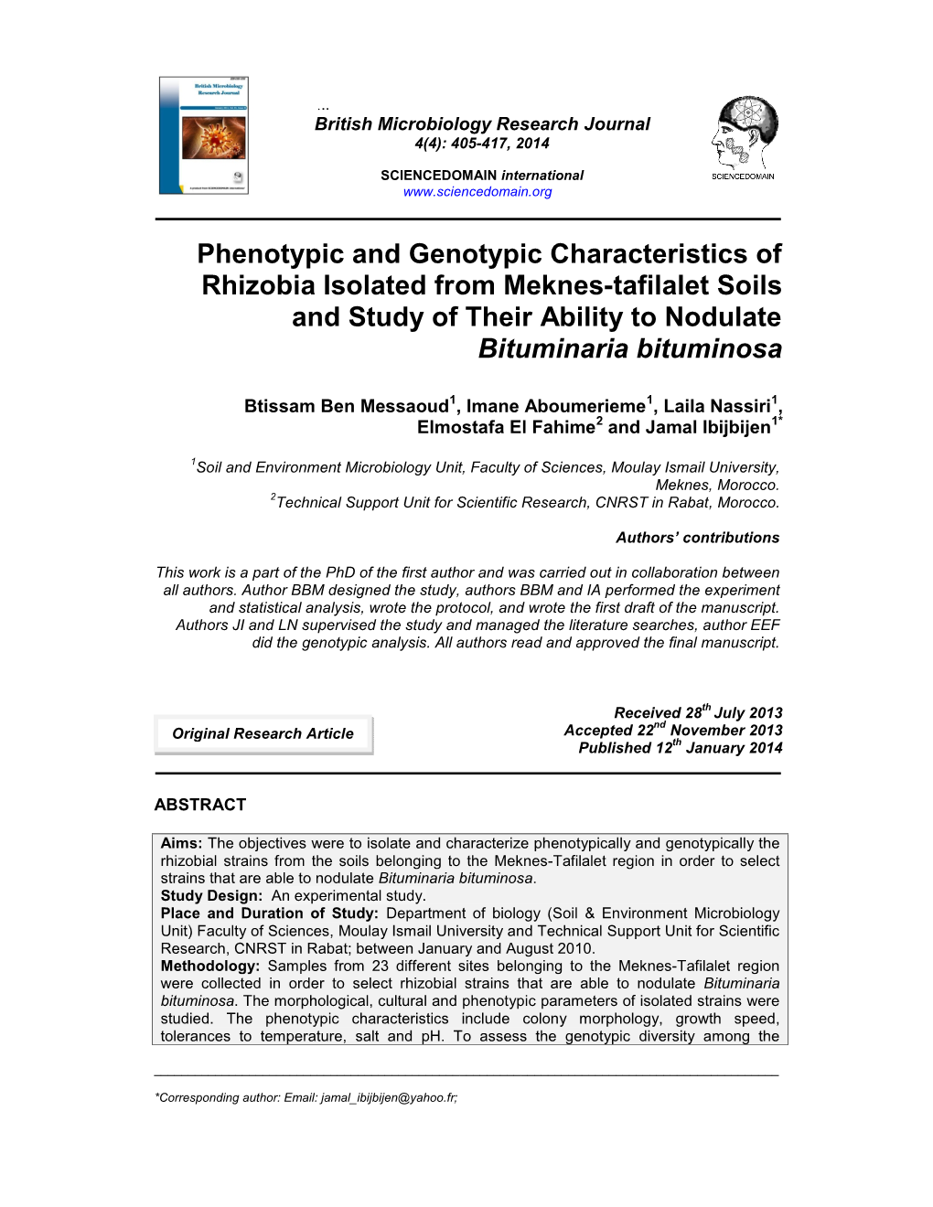 Phenotypic and Genotypic Characteristics of Rhizobia Isolated from Meknes-Tafilalet Soils and Study of Their Ability to Nodulate Bituminaria Bituminosa