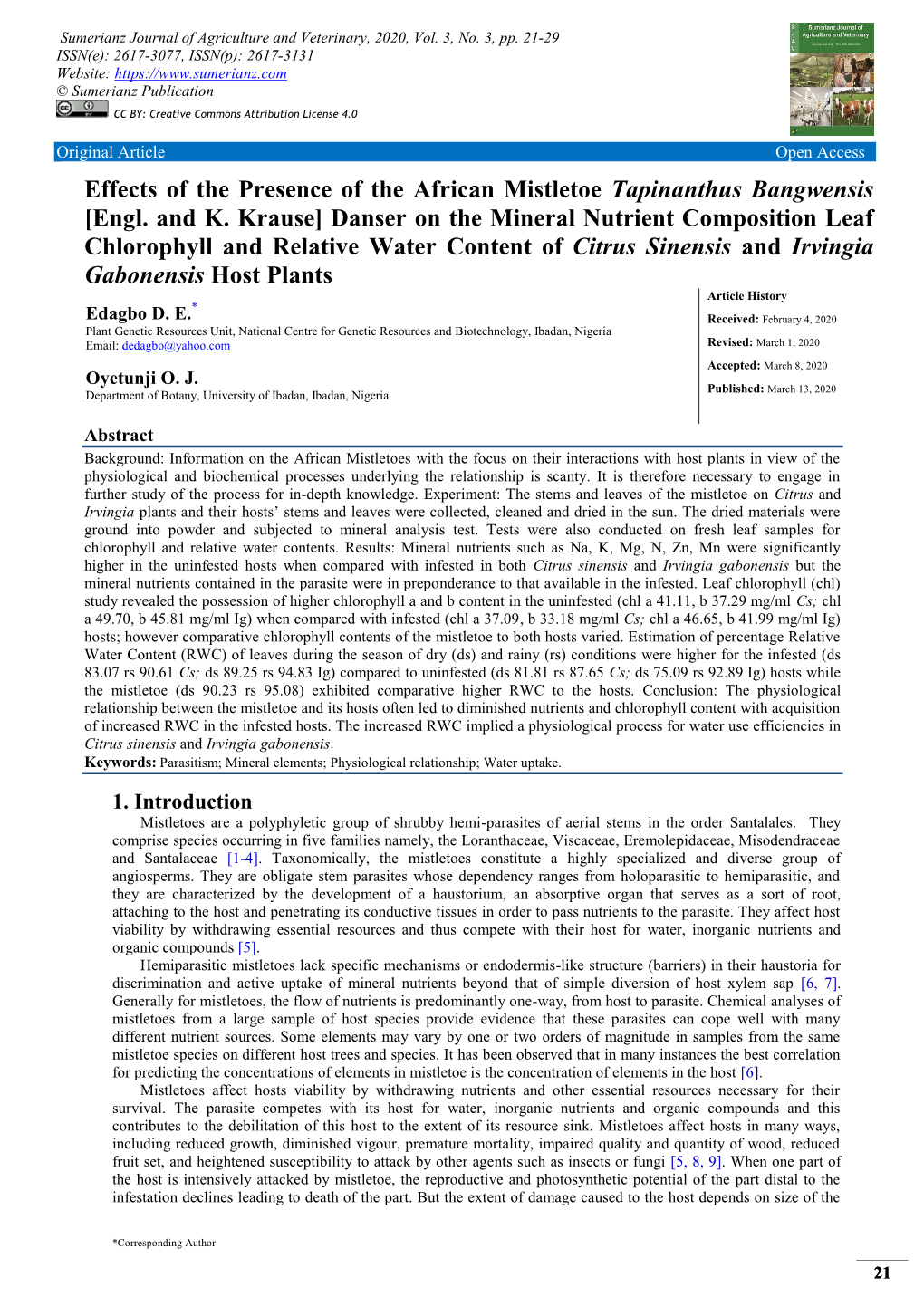 Effects of the Presence of the African Mistletoe Tapinanthus Bangwensis [Engl