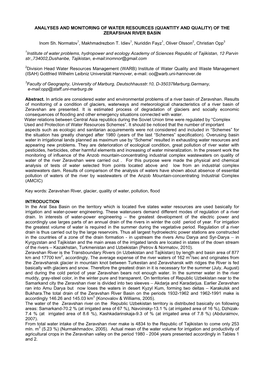 ANALYSES and MONITORING of WATER RESOURCES (QUANTITY and QUALITY) of the ZERAFSHAN RIVER BASIN Inom Sh. Normatov1, Makhmadrezbon