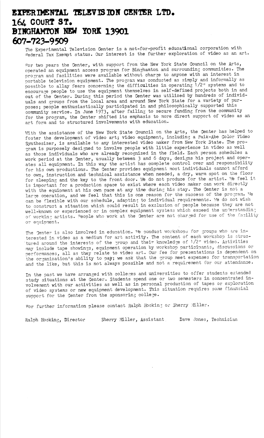 Experimental Television Center, Binghamton, New York, 1971-78, Founder Ralph Hocking, Currently Under the Direction of Ralph & Sherry Miller Hocking