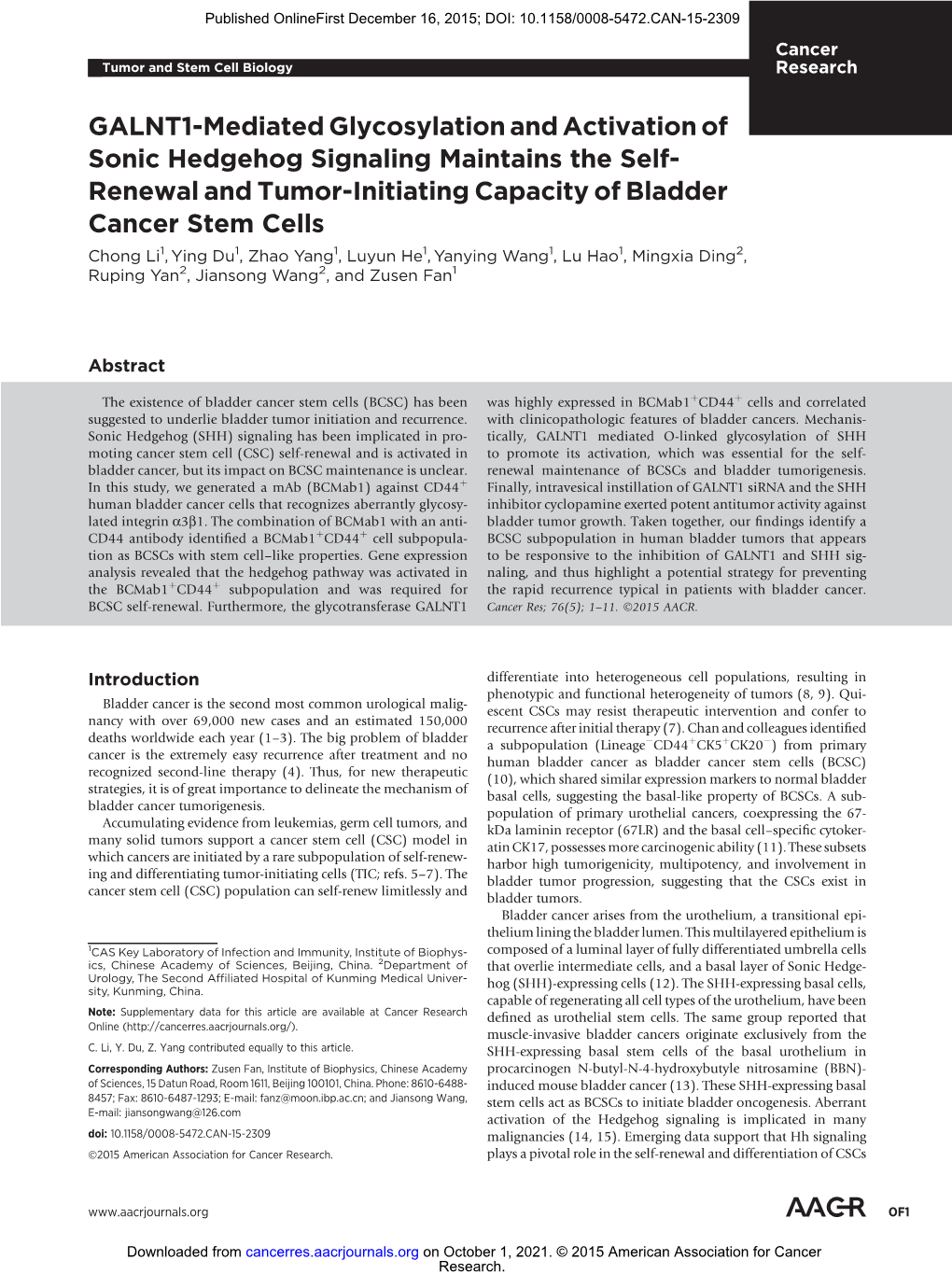 GALNT1-Mediated Glycosylation and Activation of Sonic Hedgehog Signaling Maintains the Self-Renewal and Tumor-Initiating Capacity of Bladder Cancer Stem Cells