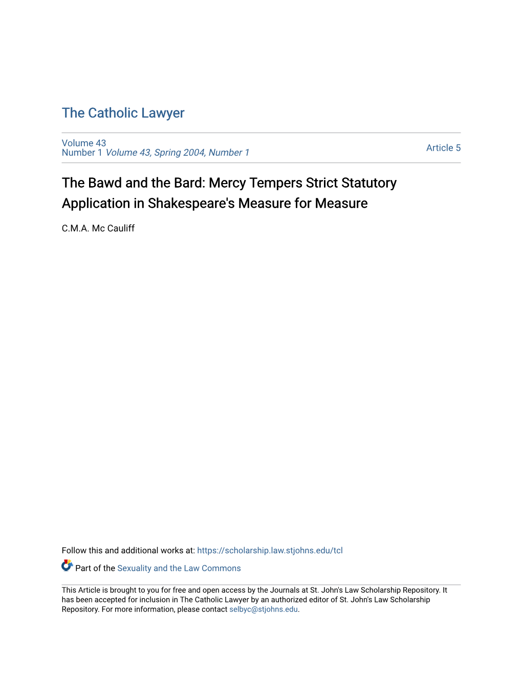 The Bawd and the Bard: Mercy Tempers Strict Statutory Application in Shakespeare's Measure for Measure