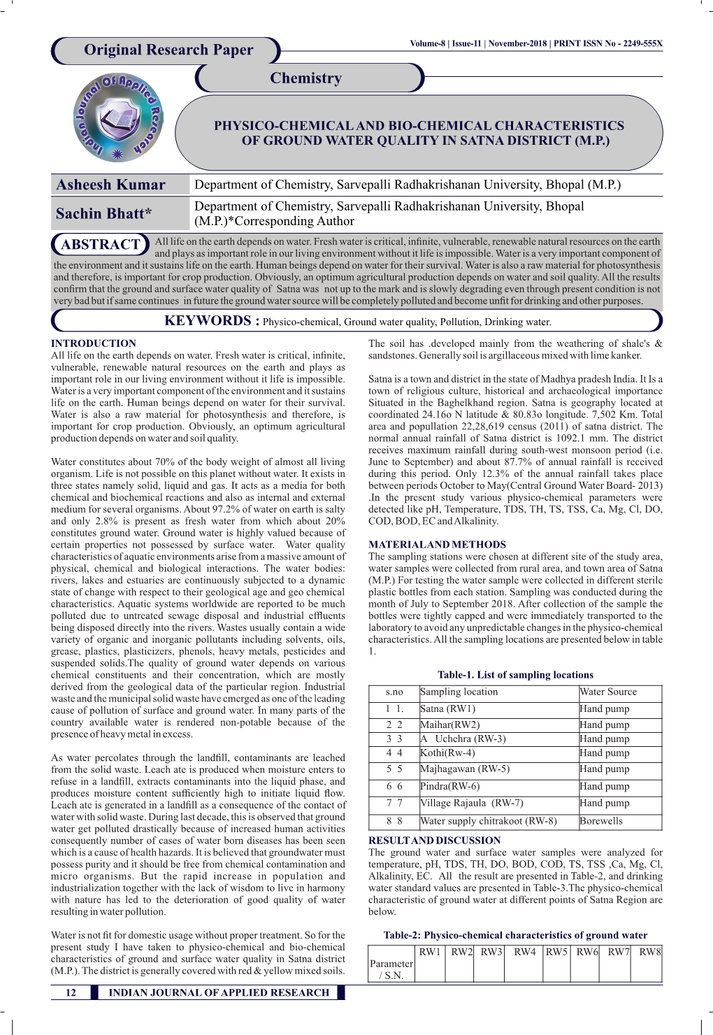 Asheesh Kumar Original Research Paper Chemistry Sachin Bhatt*