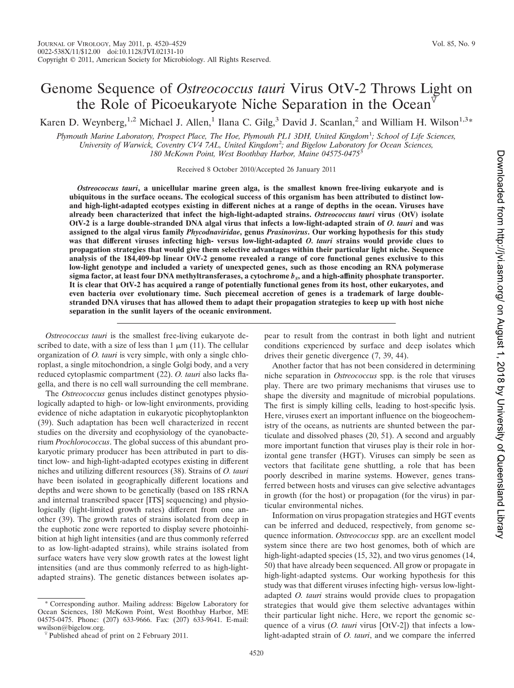 Genome Sequence of Ostreococcus Tauri Virus Otv-2 Throws Light on the Role of Picoeukaryote Niche Separation in the Oceanᰔ Karen D