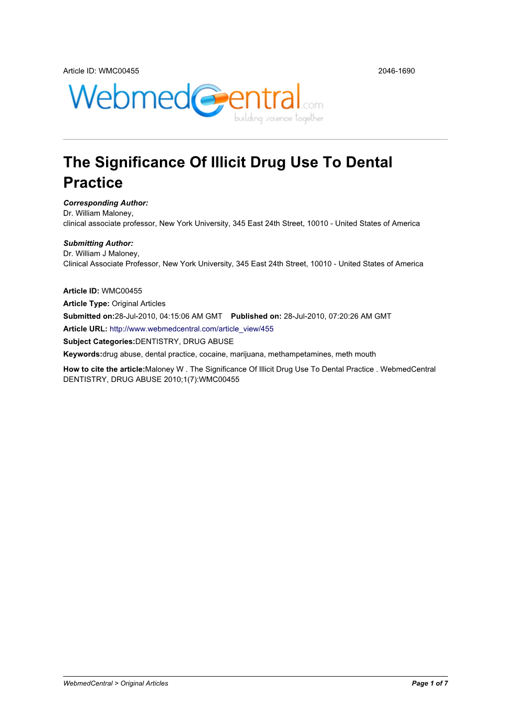 The Significance of Illicit Drug Use to Dental Practice