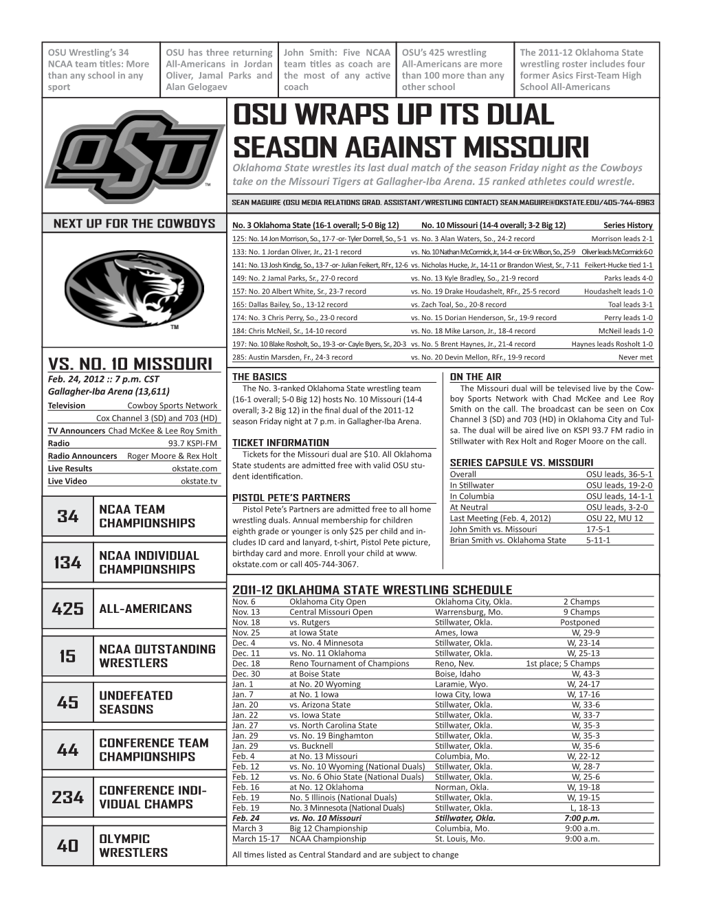 Osu Wraps up Its Dual Season Against Missouri