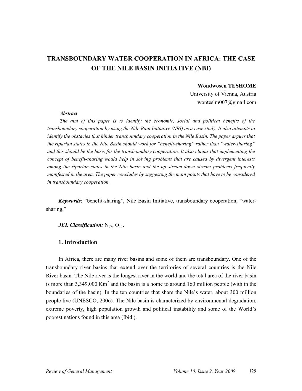 Transboundary Water Cooperation in Africa: the Case of the Nile Basin Initiative (Nbi)