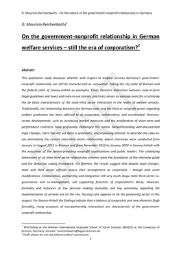 On the Government-Nonprofit Relationship in German Welfare Services – Still the Era of Corporatism?2