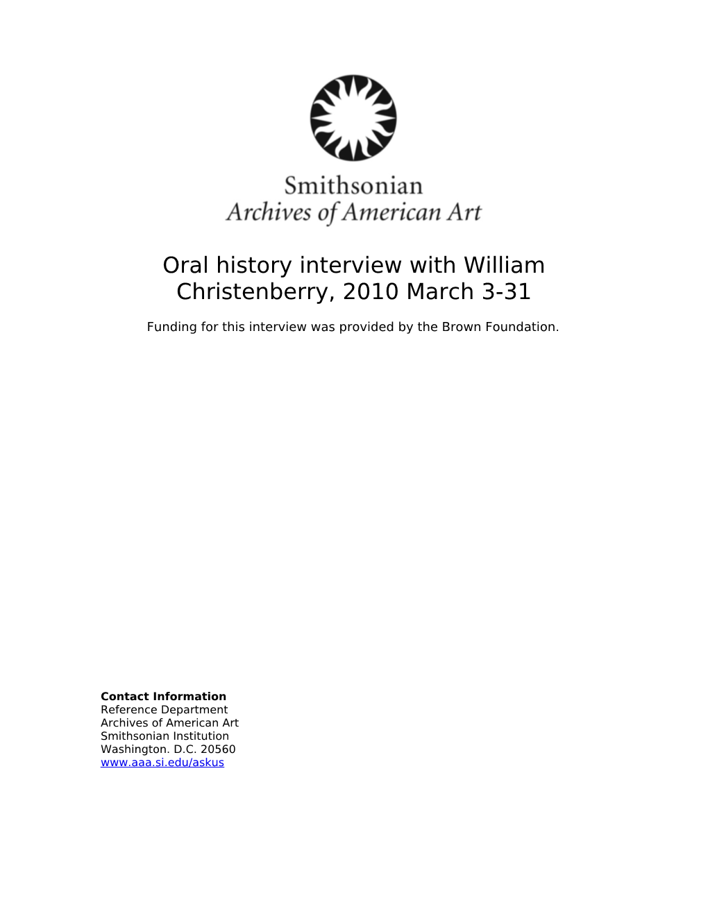 Oral History Interview with William Christenberry, 2010 March 3-31