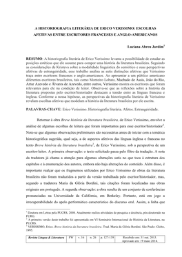 A Historiografia Literária De Erico Verissimo: Escolhas Afetivas Entre Escritores Franceses E Anglo-Americanos