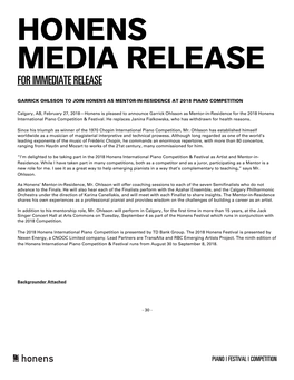 Honens Media Release for Immediate Release