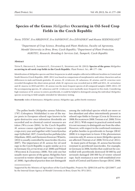 Species of the Genus Meligethes Occurring in Oil-Seed Crop Fields in the Czech Republic