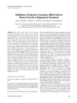 Inhibition of Galectin-1 Sensitizes HRAS-Driven Tumor Growth to Rapamycin Treatment JAMES V