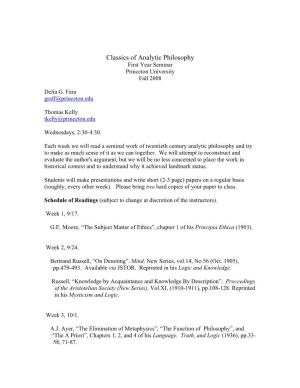 Classics of Analytic Philosophy First Year Seminar Princeton University Fall 2008