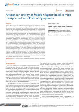 Anticancer Activity of Helicia Nilagirica Bedd in Mice Transplanted with Dalton’S Lymphoma