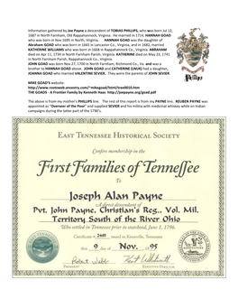 Information Gathered by Joe Payne a Descendent of TOBIAS PHILLIPS, Who Was Born Jul 12, 1687 in North Farnham, Old Rappahannock, Virginia