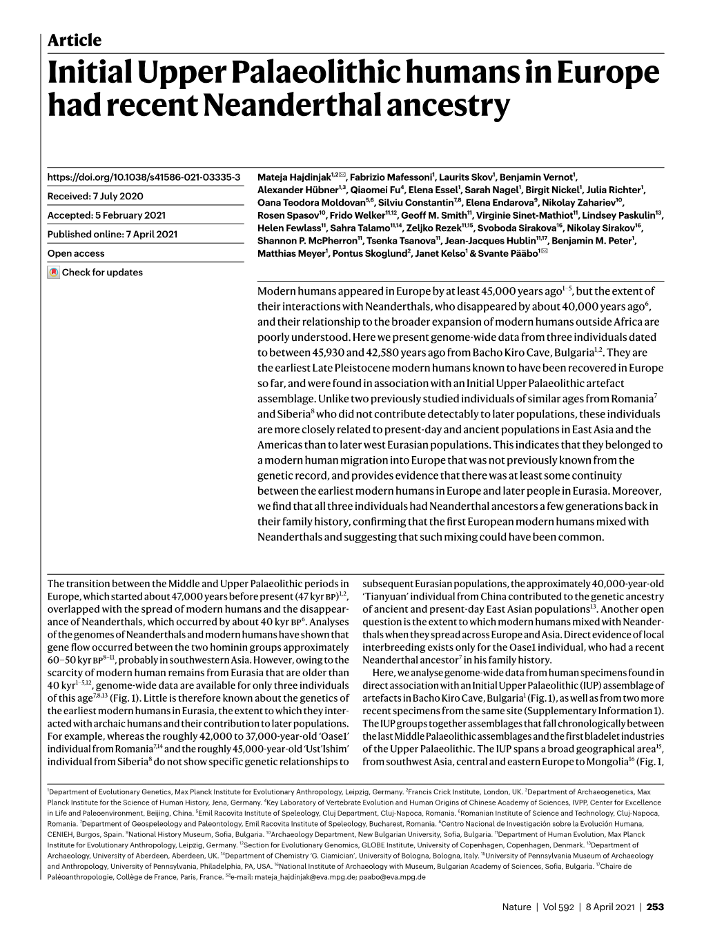 Initial Upper Palaeolithic Humans in Europe Had Recent Neanderthal Ancestry