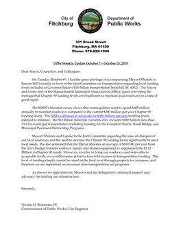 DPW Weekly Update October 7 – October 13, 2019