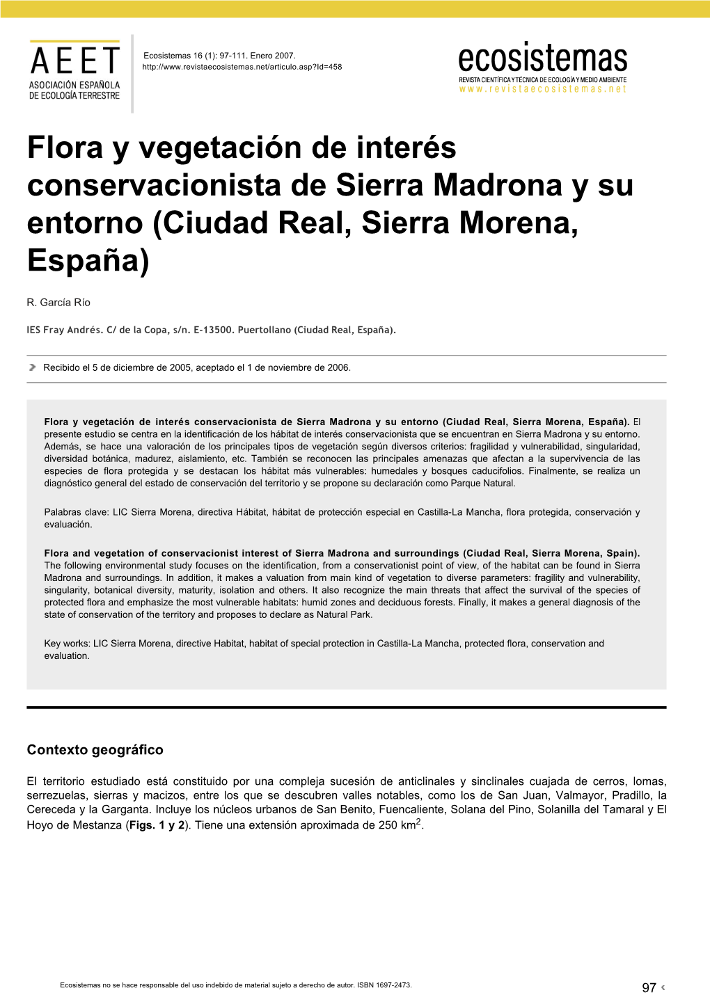Flora Y Vegetación De Interés Conservacionista De Sierra Madrona Y Su Entorno (Ciudad Real, Sierra Morena, España)