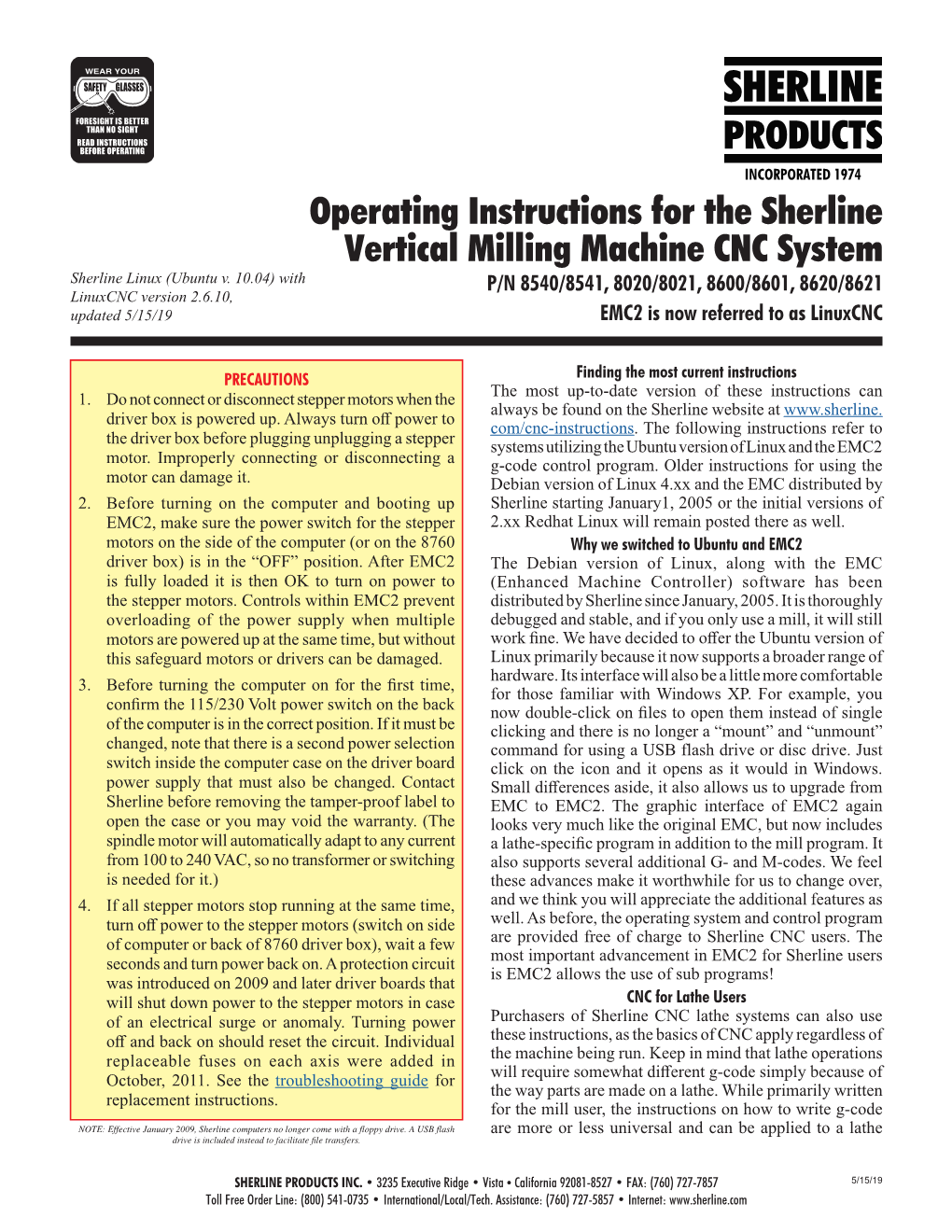 Operating Instructions for the Sherline Vertical Milling Machine CNC System Sherline Linux (Ubuntu V