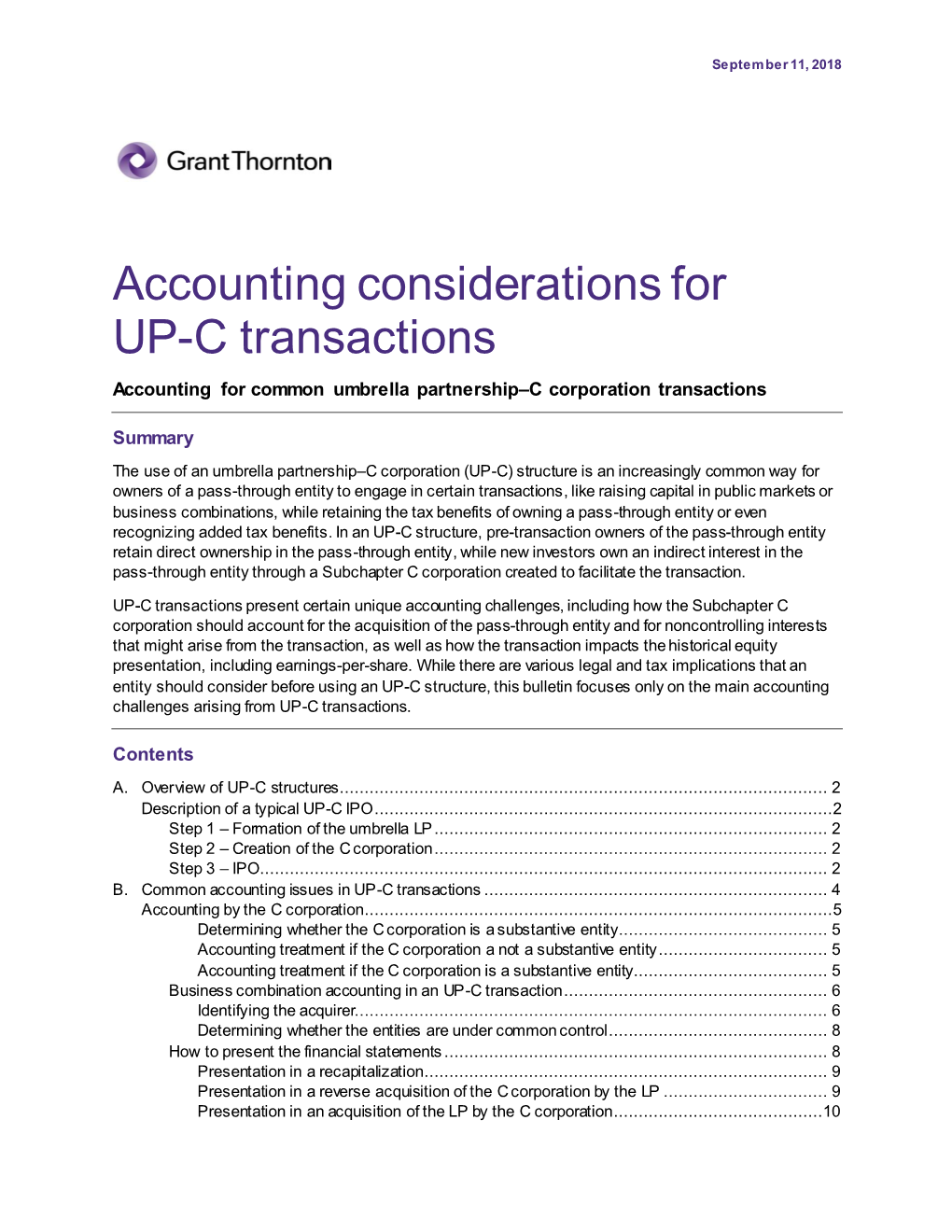 Accounting Considerations for UP-C Transactions Accounting for Common Umbrella Partnership–C Corporation Transactions