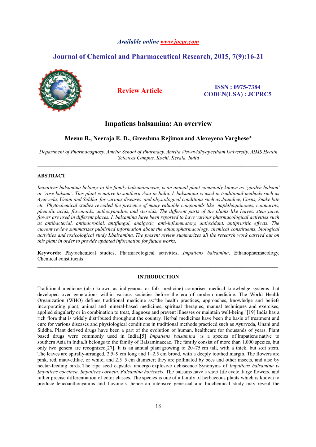 16-21 Review Article Impatiens Balsamina: an Overview