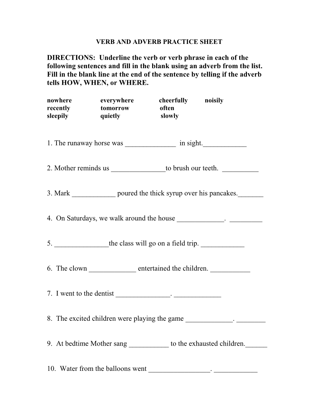 Verb and Adverb Practice Sheet