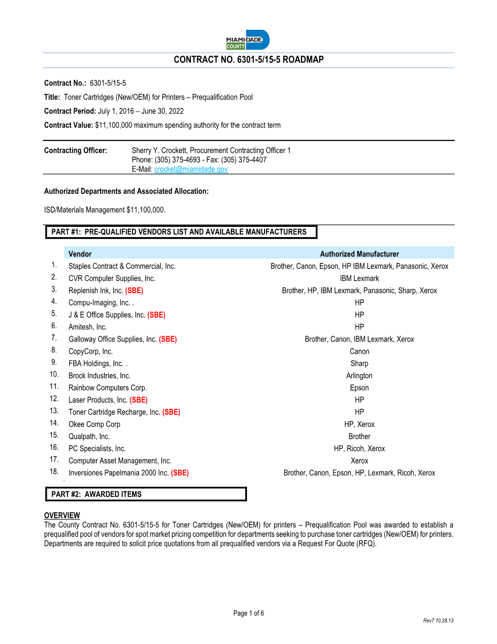 Contract No. 6301-5/15-5 Roadmap