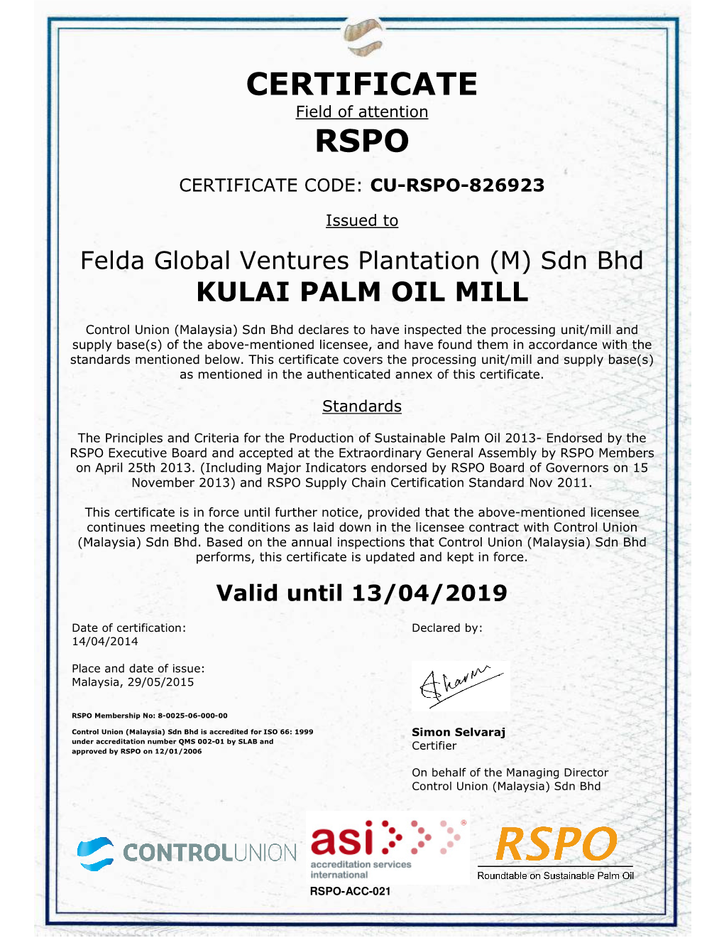 Certificate Rspo