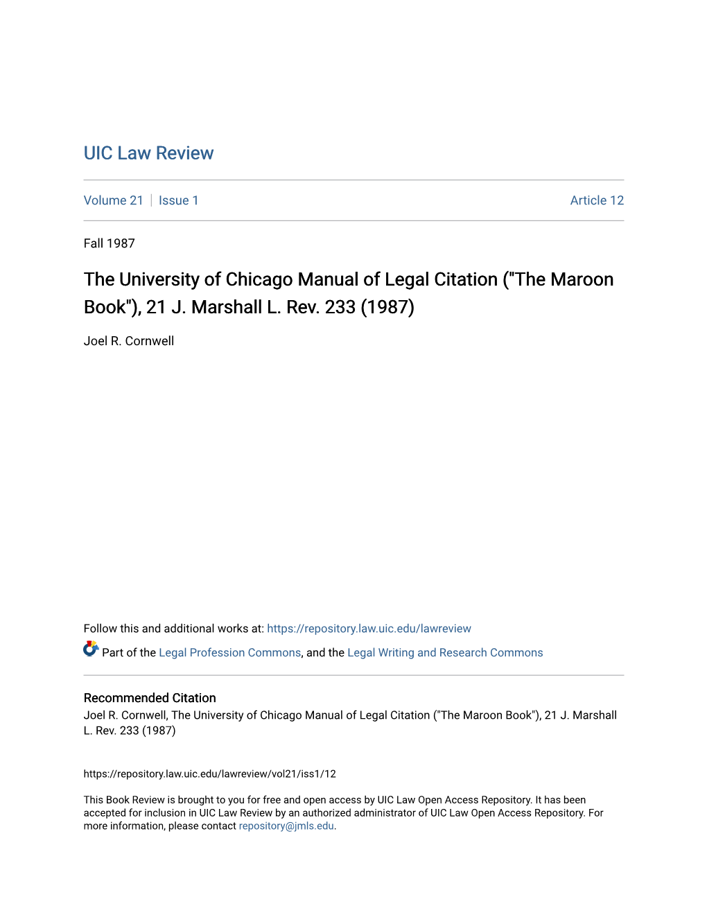 The University of Chicago Manual of Legal Citation (