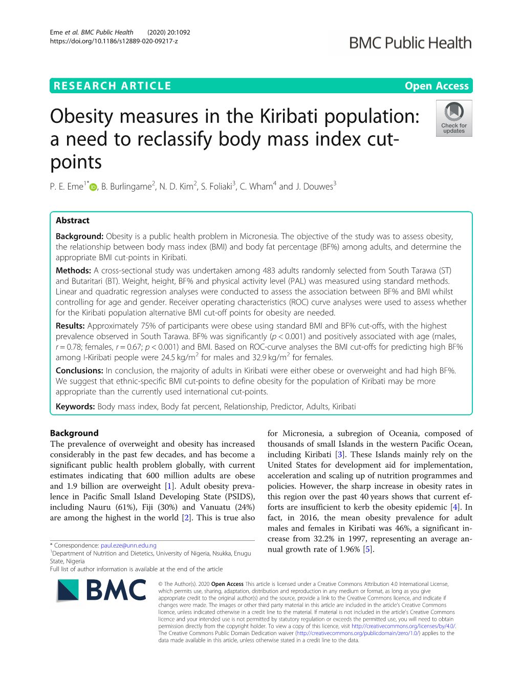 Obesity Measures in the Kiribati Population: a Need to Reclassify Body Mass Index Cut- Points P