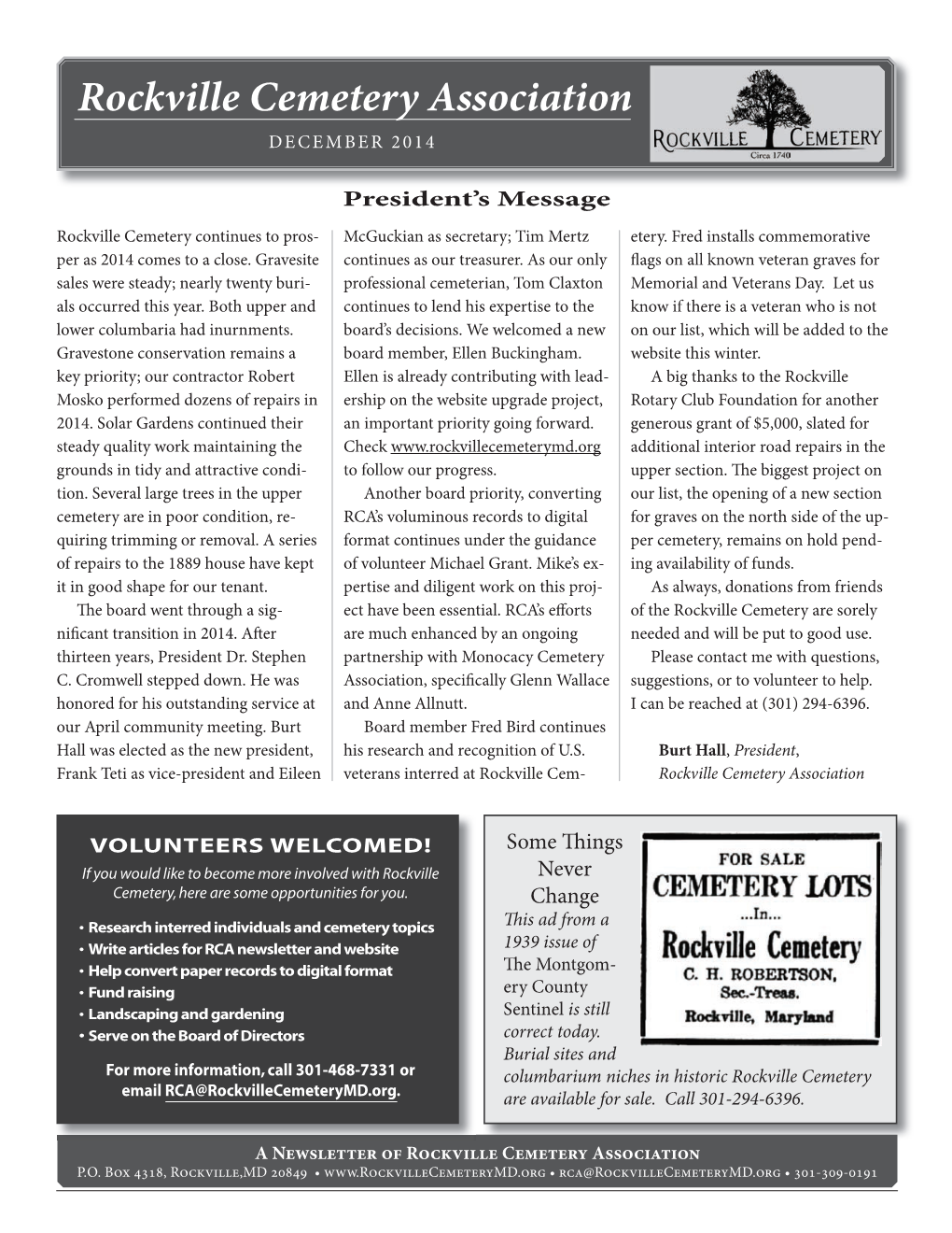 Rockville Cemetery Association DECEMBER 2014