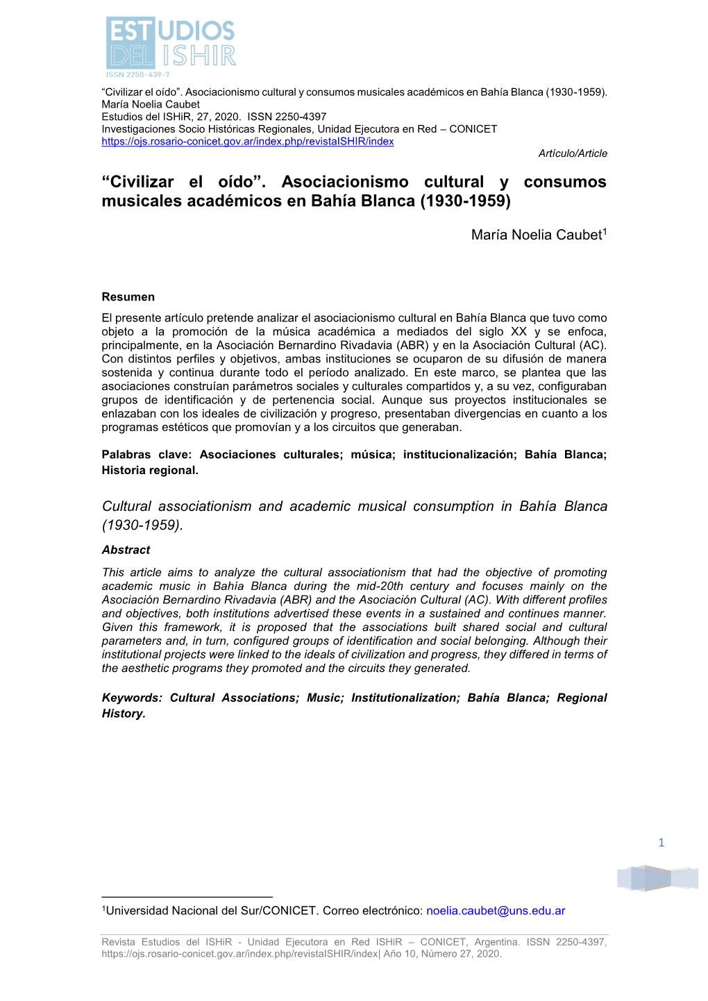 “Civilizar El Oído”. Asociacionismo Cultural Y Consumos Musicales Académicos En Bahía Blanca (1930-1959)