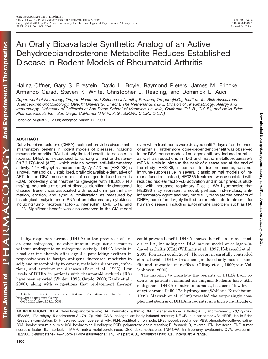 An Orally Bioavailable Synthetic Analog of an Active Dehydroepiandrosterone Metabolite Reduces Established Disease in Rodent Models of Rheumatoid Arthritis