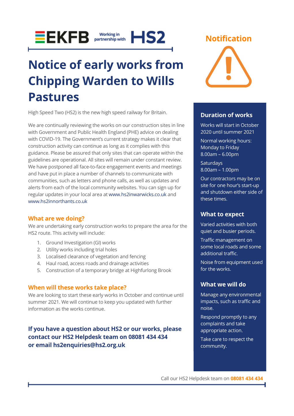Notice of Early Works from Chipping Warden to Wills Pastures September 2020 | High Speed Two (HS2) Is the New High Speed Railway for Britain