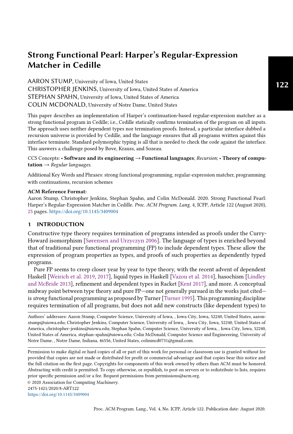 Strong Functional Pearl: Harper's Regular-Expression Matcher In